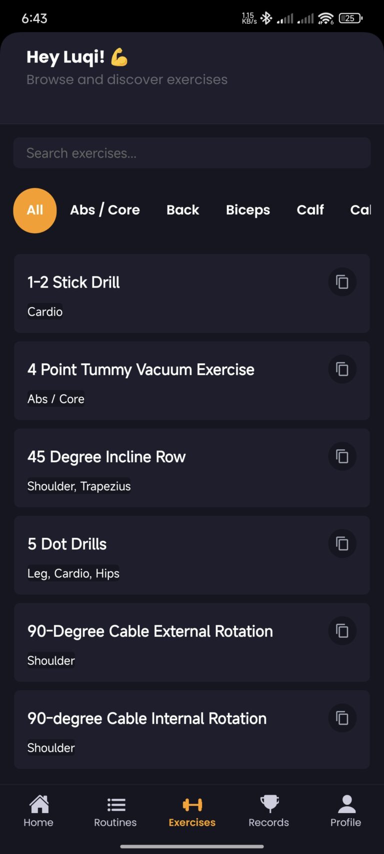 EXERCISES SCREEN