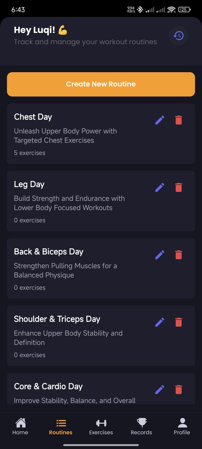 ROUTINES SCREEN